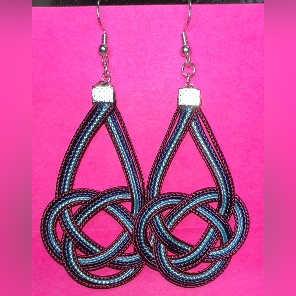 Handmade Navy Burgundy and Blue Woven Earrings - Picture 2 of 6